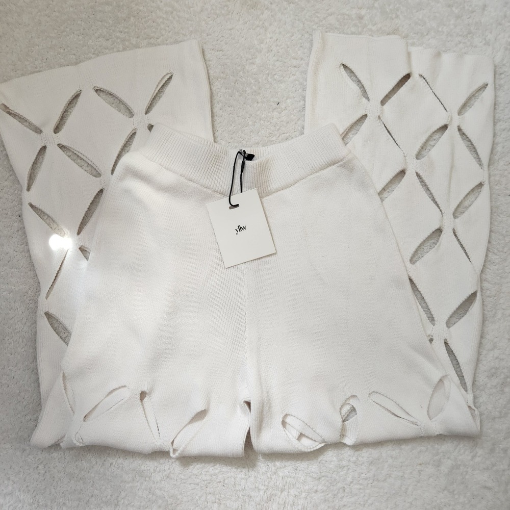 YLLW Cream White Knit Geometric Cut Out Wide Leg Pants Small NEW